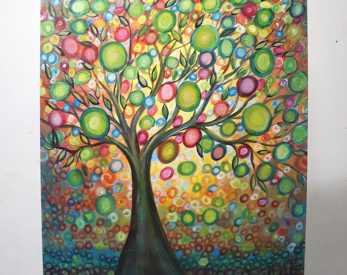 Whimsical Olive Tree Painting, Contemporary Expressive Botanical Art, 30x34 Canvas