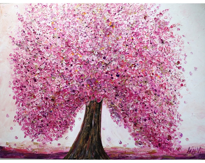 Pink Cherry Blossom Original Painting Impasto Beautiful Unique Pollock Style HAPPY SPRING Large Canvas