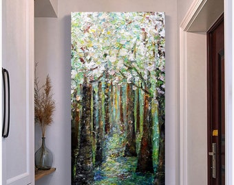 Tall Vertical Wall Art White Bloom FOREST Trees Landscape Large Painting ORIGINAL Texture Impasto
