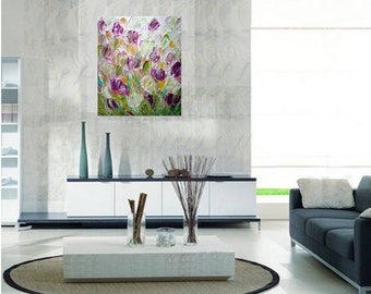 Purple Tulip Painting Original Floral Wall Art, Textured Impasto Flowers Canvas
