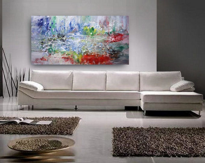 Large Abstract Water Reflections Painting 48x24 Fluid Pour Art