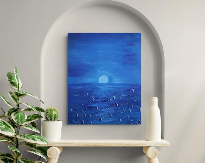 Original Moonlit Water Reflection Painting 16x20, Blue Ocean Canvas Art, Textured Coastal Wall Decor