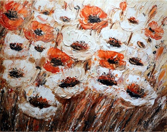 White Orange Rust Poppies Original Oil Painting Palette Impasto Textured Floral Art ready to ship