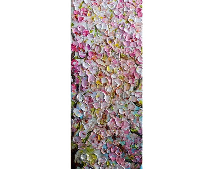 Spring in Pink Cherry Blossom Springtime SAKURA Flowers Original Painting Vertical Narrow Canvas