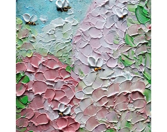 Hydrangeas Flowers and Bees Original Oil Painting in pink, white, gray, blue, green shades