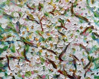 Almond Blossom Original Oil Painting, Textured Impressionist Floral Tree Artwork