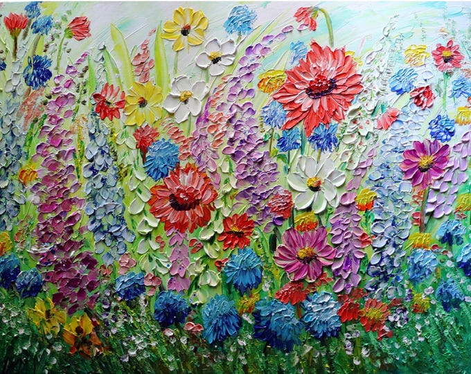 Large Wildflowers Painting, Colorful Garden 40x30 Canvas