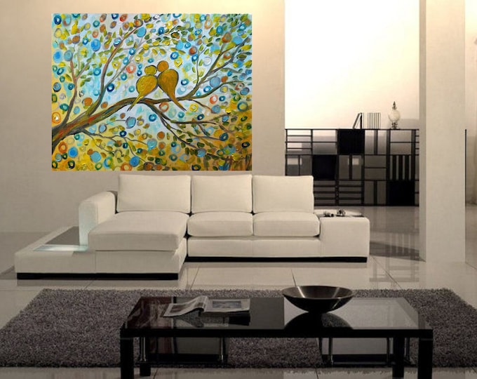 BIRDS Fall Rain Whimsical Romance Painting HUGE CANVAS Art by Luiza Vizoli