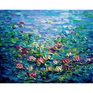 Water Lily Artwork, Impressionism Oil, Impasto Large Contemporary Art, Colorful Large Canvas