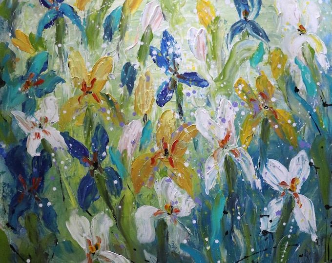 Original Iris Painting 36x36, Blue White Yellow Floral Wall Art