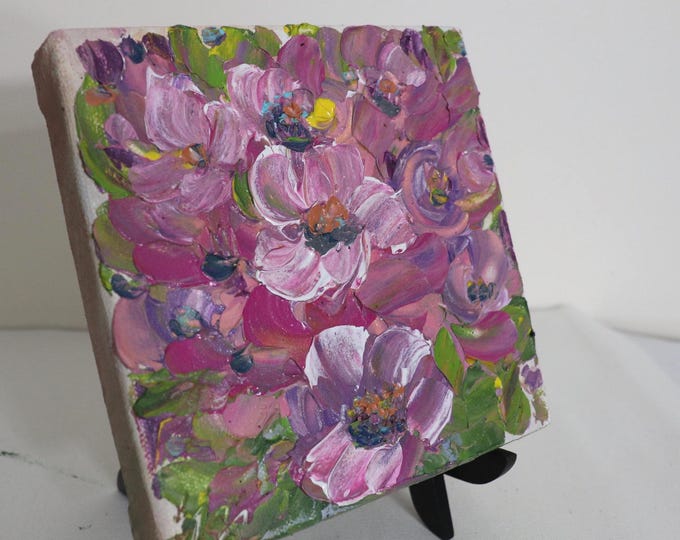 Original Petunia Painting, Pink Purple Textured Floral Art, 6x6