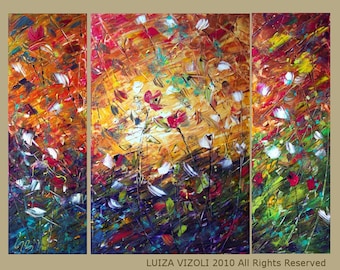 Original Abstract Palette Knife Triptych Large Oil Painting RAINING FLOWERS by Luiza Vizoli 48x36