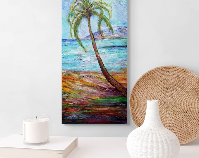 Textured Tropical Seascape Painting: Hawaii Palm Tree Ocean Art Vertical Canvas