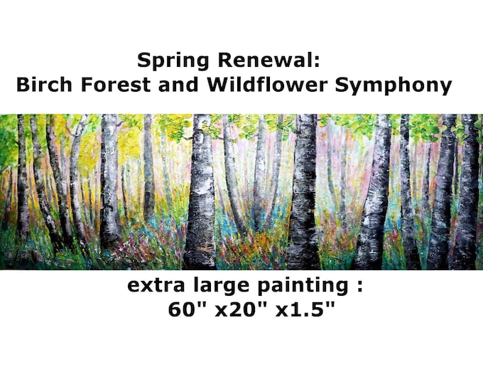 Birch Forest Oil Painting: Spring Wildflower Landscape, Extra Large Canvas (60x20)