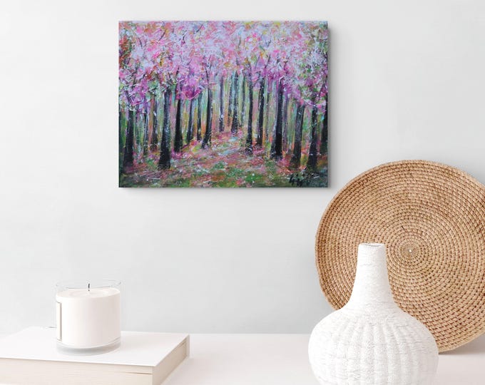 Original Cherry Blossom Painting 10x8, Spring Blossom Path, Textured Pink Forest Landscape Art