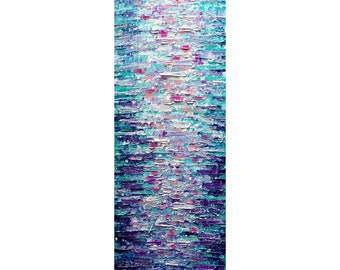 Tall Vertical Wall Art BLUE PURPLE Water Reflections ORIGINAL painting canvas Long Narrow , staircase, bathroom, kitchen, entryway artwork