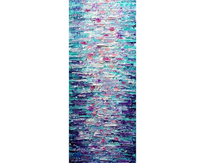 Tall Vertical Wall Art BLUE PURPLE Water Reflections ORIGINAL painting canvas Long Narrow , staircase, bathroom, kitchen, entryway artwork