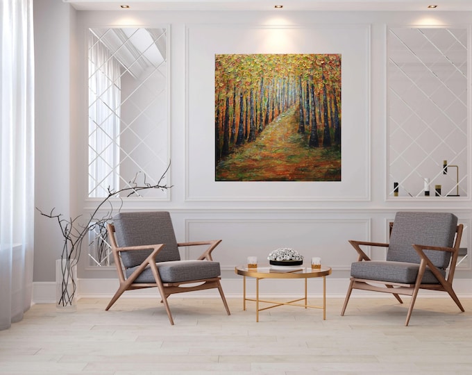 Fall Forest Oil Painting – Large Textured Impasto Canvas Art