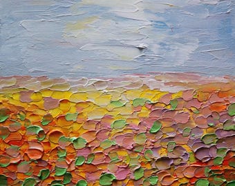 Abstract Sunflower Landscape – Sunset Orange Green Yellow Original Painting
