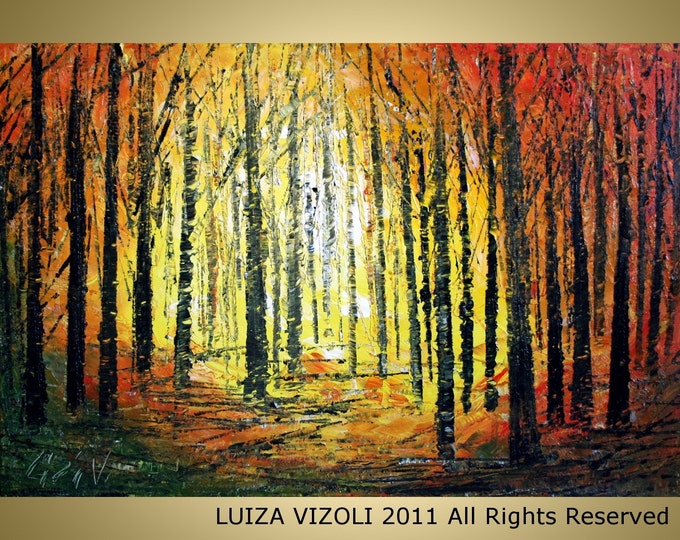 SUNSET in the FOREST Original Modern Abstract Trees Landscape Palette Knife Impasto Oil Large Painting by Luiza Vizoli