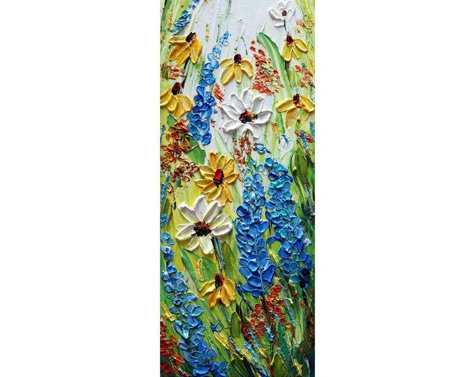Wildflowers Meadow Tall Vertical Narrow Painting Impasto Oil Textured Canvas TEXAS BEAUTIFUL FLOWERS