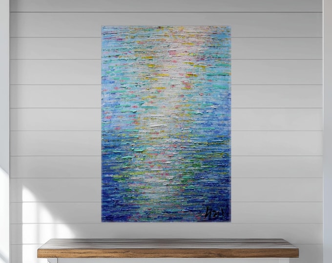 Textured Abstract Painting, Blue Coastal Seascape Art, Original ready to ship