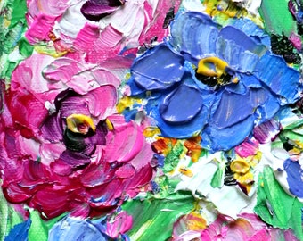 original oil painting from artist studio, Zinnia Colorful Flowers Garden, signed small artwork