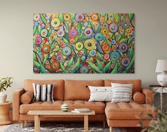 Large Original Colorful Abstract Floral Painting 60x36, Boho Eclectic Wall Art