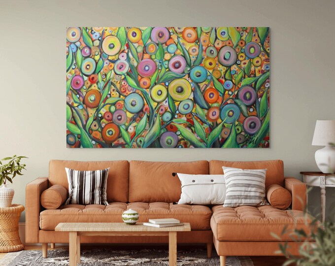 Large Colorful Flowers Painting – Boho Eclectic Art, Dreaming in Rainbow Colors