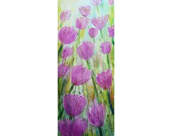 TULIPS Tall vertical wall art Pink Purple ORIGINAL PAINTING canvas abstract, Long Narrow wall decor for staircase, kitchen, entryway
