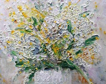 Hydrangea Spring Flowers Bouquet Impasto Oil Painting, Hydrangea Painting on Canvas
