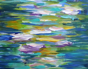 Oil on Canvas: Abstract Pond with Water Lilies and Reflections, Turquoise Blue Green