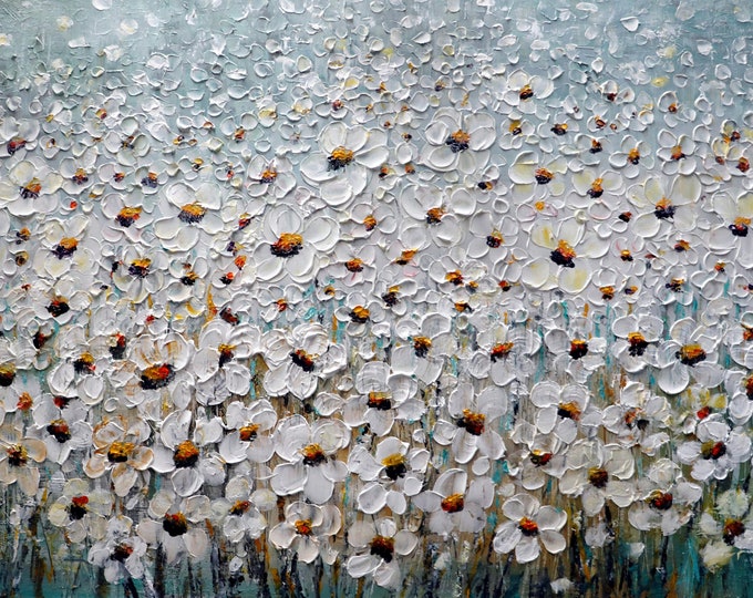 Textured Daisy Painting, Aqua Turquoise Canvas