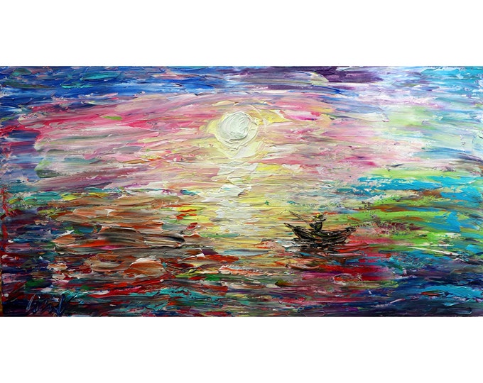 Impasto Sunset Lake Painting: Abstract Seascape with Fishing Boat
