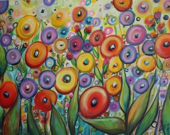 Original Whimsical Flower Garden Painting – 21 x 30 Inches