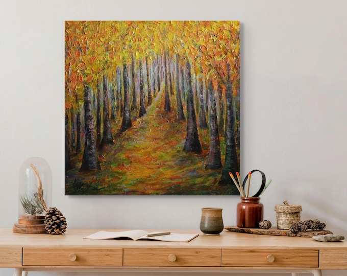 Fall Forest Oil Painting – Autumn Trees Mist Original Textured Canvas by Luiza Vizoli