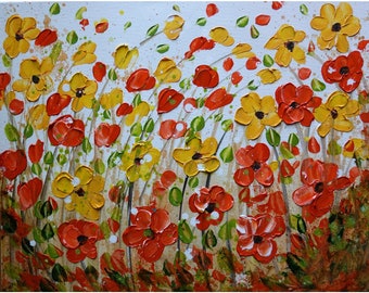 Impasto Orange Yellow Daisy Painting Flowers  Cream Ivory Green Art by Luiza Vizoli