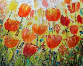 TULIPS Oil Painting Original Palette Impasto Textured Spring Flowers in orange, white, yellow, red colors