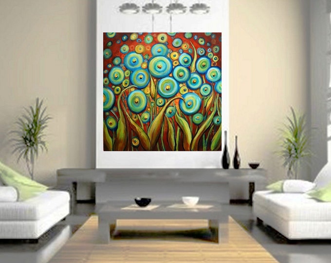 Bohemian FLOWERS Aqua Blue Poppies Copper Sunset BoHo Whimsy Large Canvas 36x36 ready to hang Art by Luiza Vizoli