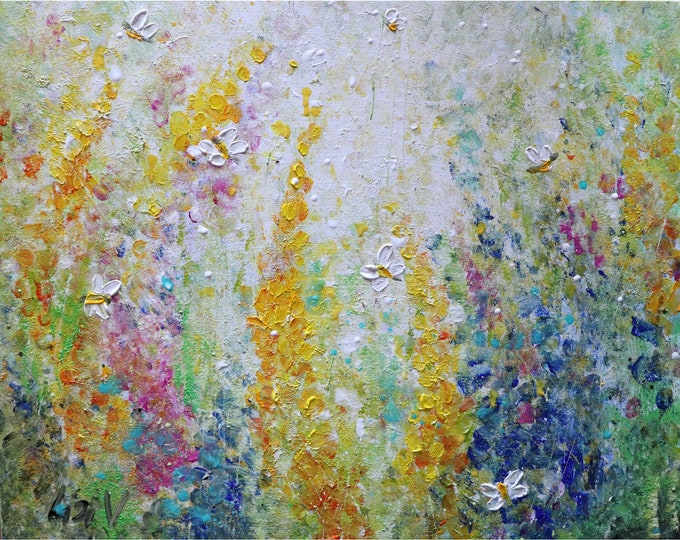 Flowers Garden in Bloom Bees and Butterflies Original Painting Impasto Art by Luiza Vizoli