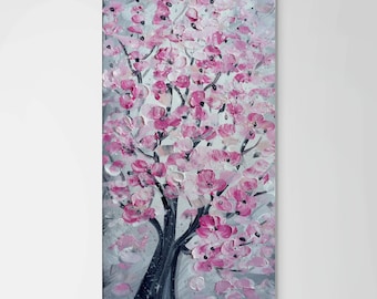 Cherry Tree Flowers Painting Narrow Canvas Long Vertical Original Painting