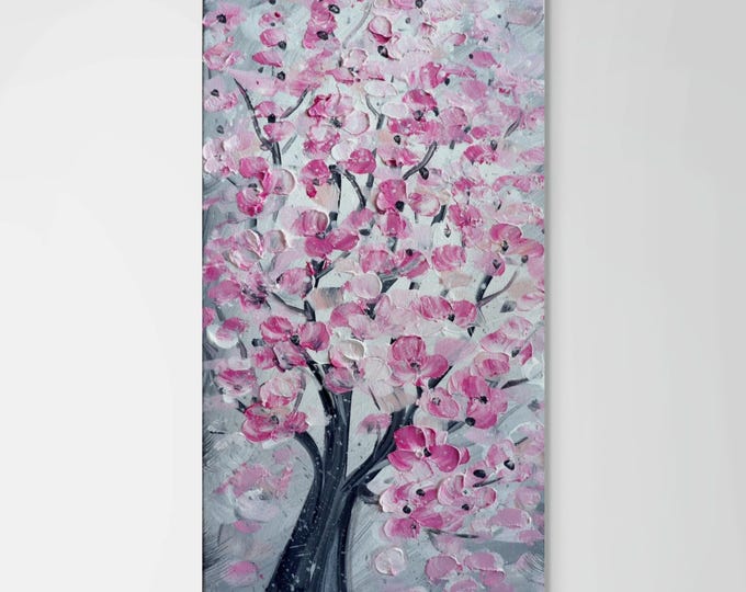 Cherry Tree Flowers Painting Narrow Canvas Long Vertical Original Painting