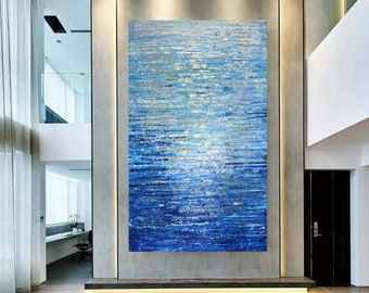Sky and Ocean Painting Original Large Coastal Wall Art, Blue Gray Decor