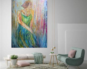 Abstract Woman in Green Dress – Modern Impressionist Rainbow Light Painting 36x48