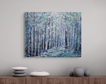 Winter Trees Original Painting, Textured Impasto Canvas Art, Serene Landscape