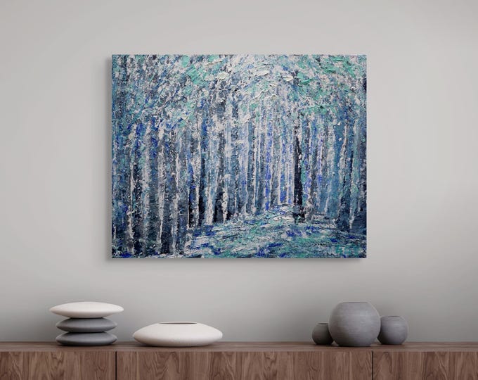 Winter Trees Original Painting, Textured Impasto Canvas Art, Serene Landscape