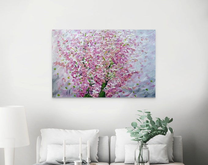 Cherry Blossom Impasto Oil Painting: Abstract Spring Art on Canvas