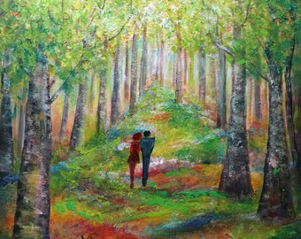 Summer Romance, Original Painting on Canvas, Flowers and Trees, Beauty of Summer Forest