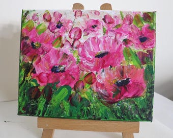 Pink Poppies Painting, 10x8 canvas, Original Oil Textured Floral Art