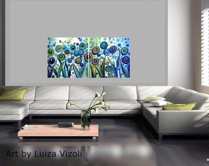 ABSTRACT Flowers Blue Gold Turquoise Colors Textured Impasto Whimsical Large Painting 72X36,60X30, 40X20